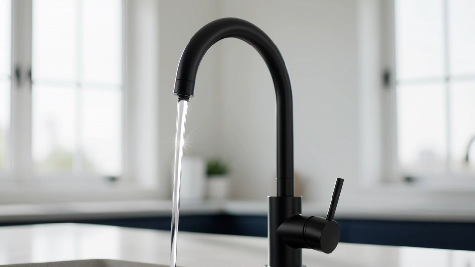 A matte black kitchen faucet pouring clear water